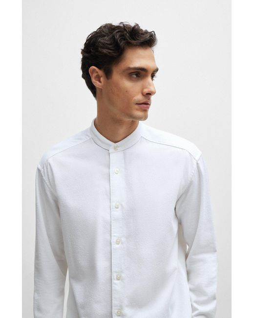 Boss White Collarless Relaxed-fit Shirt In Cotton-blend Bouclé for men