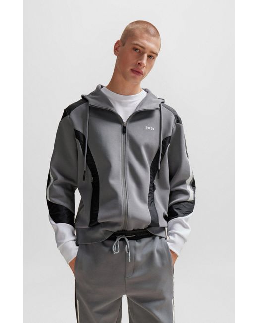 Sweat à capuche Relaxed Fit en matières mélangées à logo imprimé Boss pour homme en coloris Gray