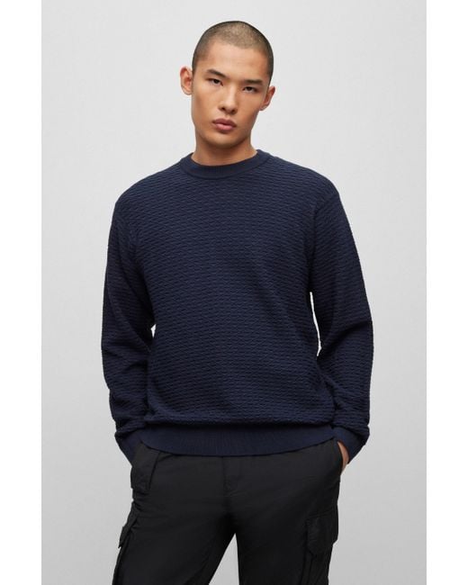 HUGO Blue Relaxed-fit Sweater In Pure Cotton With Knitted Structure for men