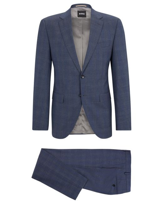 Boss Karierter Regular-Fit Anzug aus elastischer Schurwolle in Blue für Herren