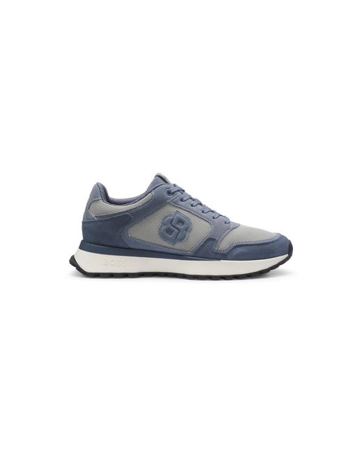 Boss Blue Suede-Trim Trainers With Double B Monogram for men