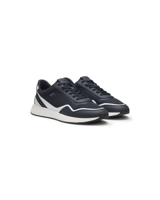 Boss Blue Mesh Trainers With Ribbed Sole for men