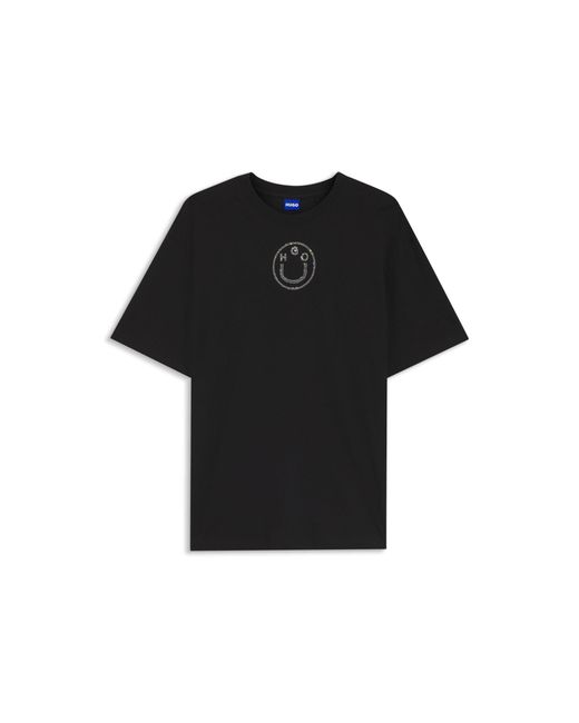 HUGO Black Oversized-Fit Cotton T-Shirt With Rhinestone Happy Logo