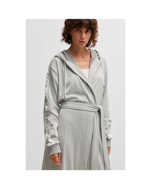 Boss Gray Hooded Dressing Gown With Logo-Print Sleeves