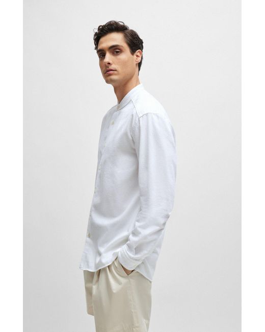 Boss White Collarless Relaxed-fit Shirt In Cotton-blend Bouclé for men