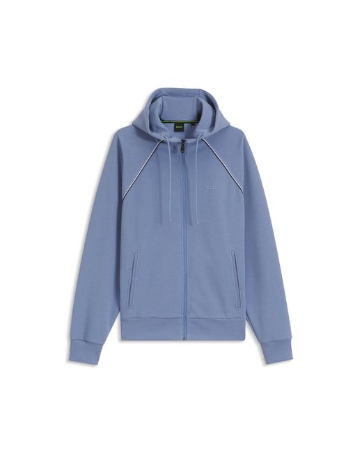 Boss Blue Cotton-Blend Zip-Up Hoodie With Piping Details for men