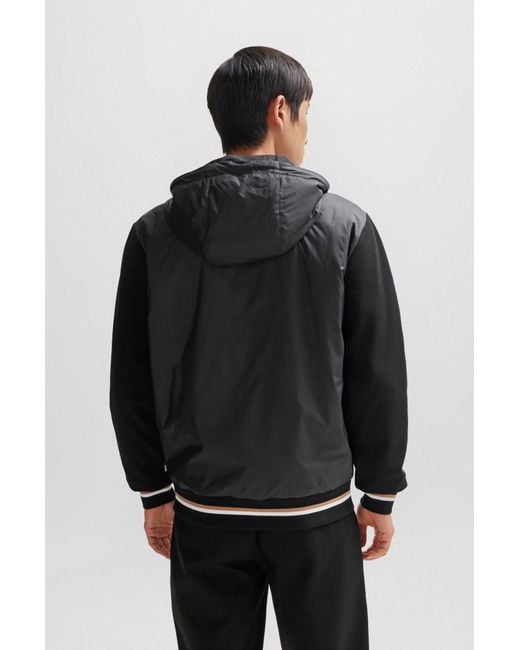 Boss Black Mixed-material Zip-up Hoodie With Signature-stripe Trims for men