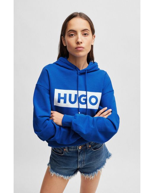 HUGO Relaxed-fit Hoodie Van Sweatstof Met Logoprint in het Blue voor heren
