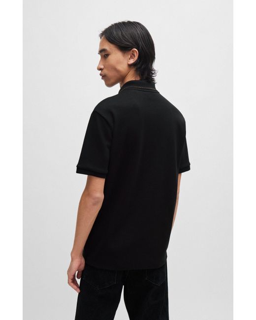 HUGO Black Interlock-cotton Polo Shirt With Stacked Logo for men