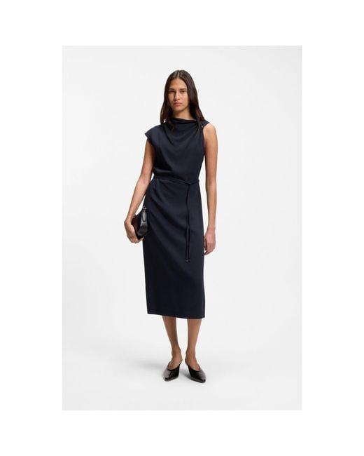 Boss Blue Midi-Length Dress With Gathered Shoulder Detail