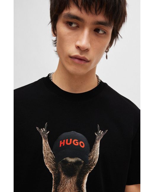 T-shirt en jersey de coton avec motif artistique de la saison HUGO pour homme en coloris Black