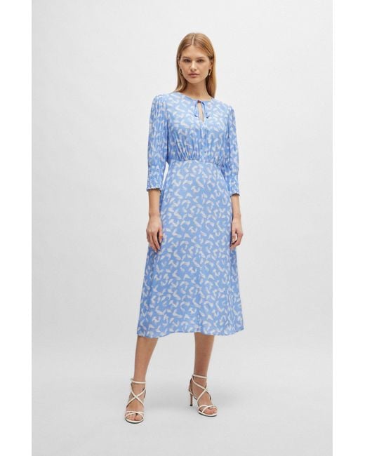 Boss Blue Tie-neck Dress With Cropped Sleeves
