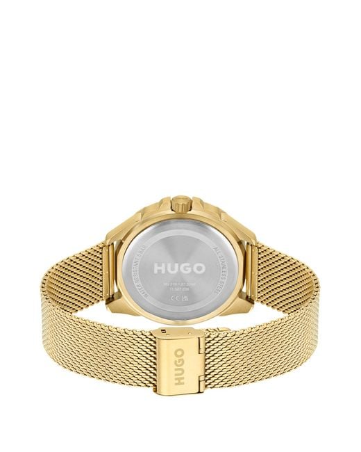 HUGO Metallic Gold-tone Watch With Mesh Bracelet for men