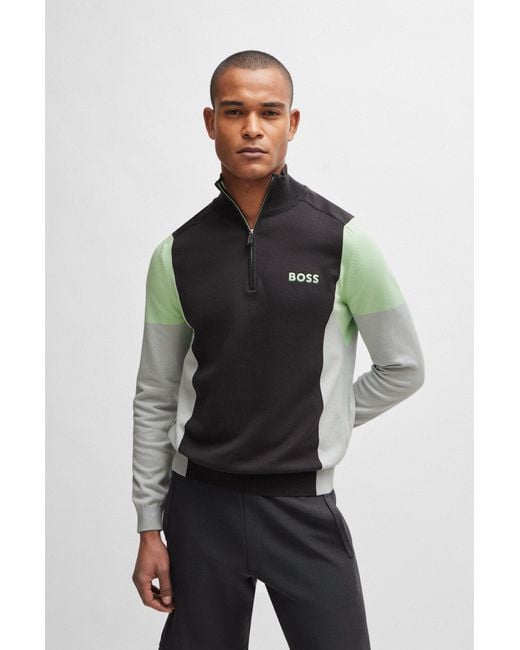 Boss Multicolor Cotton-blend Zip-neck Sweater With Embroidered Logos for men