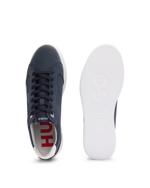 HUGO Blue Faux-leather Lace-up Trainers With Logo Detail for men