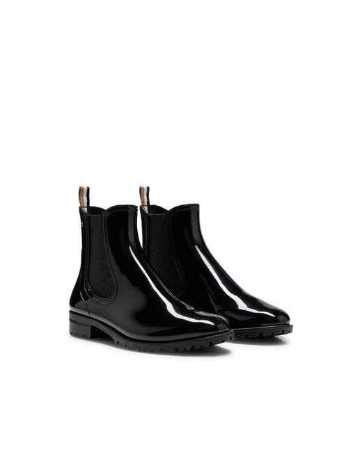 Boss Black Glossy Chelsea-Style Rain Boots With Branded Trim
