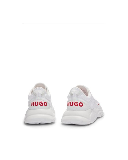 HUGO White Mixed-Material Lace-Up Trainers With Faux Leather for men