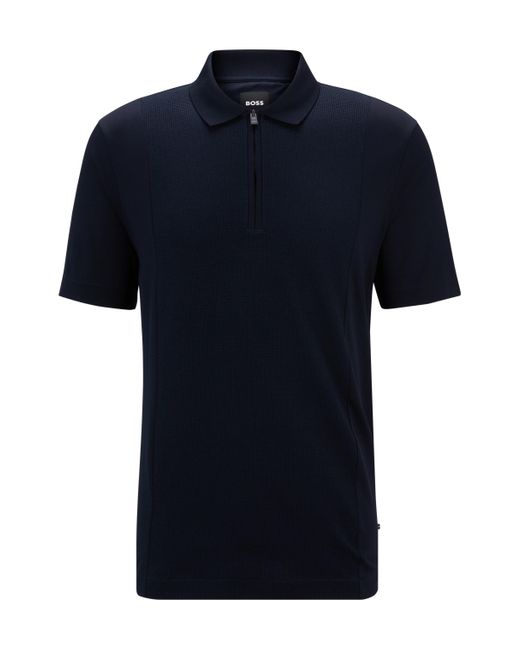 Boss Blue Zip-neck Polo Shirt In Stretch Cotton for men