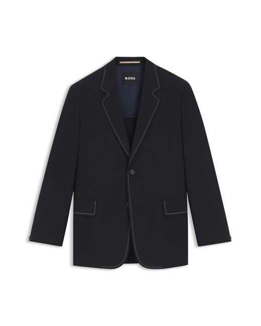 Boss Relaxed-Fit Colbert Van Scheerwol Met Contraststiksels in het Blue voor heren
