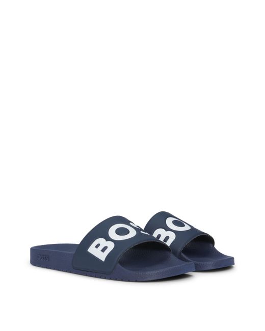 BOSS Italian-made Slides With Large Logo Detail in Blue for Men | Lyst