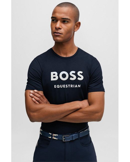 Boss Blue Equestrian Short-sleeved Stretch-cotton T-shirt With Logo for men