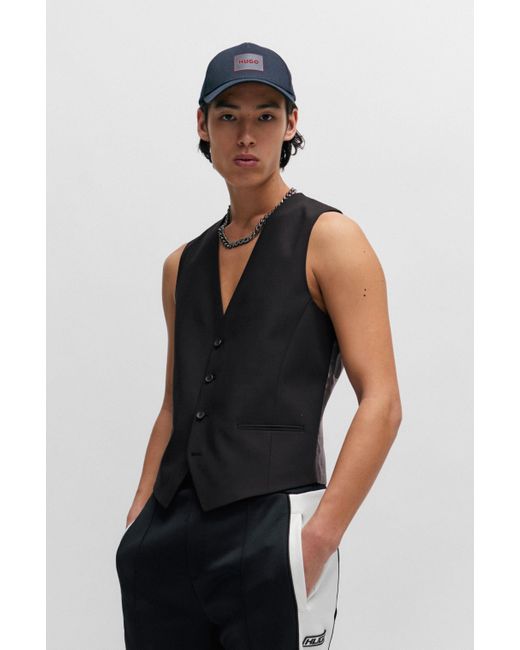 HUGO Black Extra-slim-fit Waistcoat With Flame Artwork for men