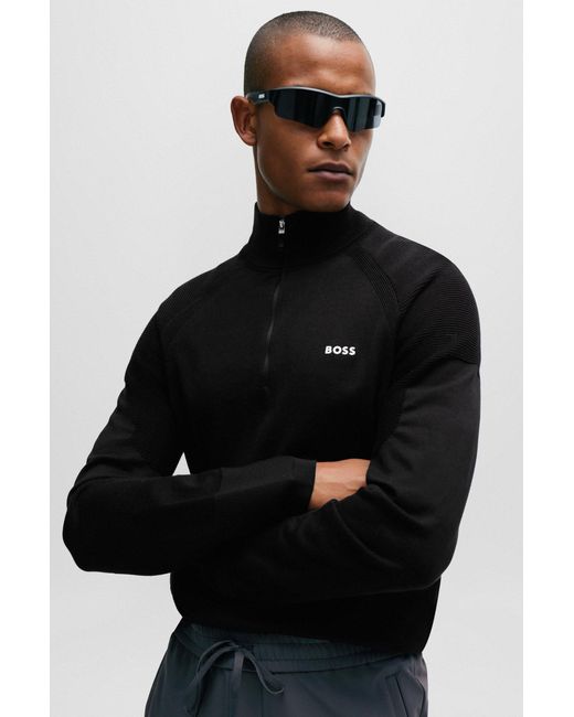 Boss Black Cotton-blend Zip-neck Sweater With Logo Detail for men