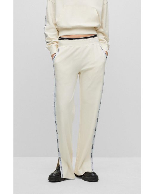 HUGO White Mercerised-cotton leggings With Logo-tape Side Stripes