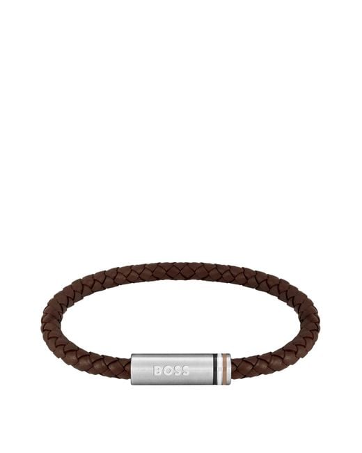 Boss Brown Braided-Leather Cuff With Magnetic Logo Closure for men