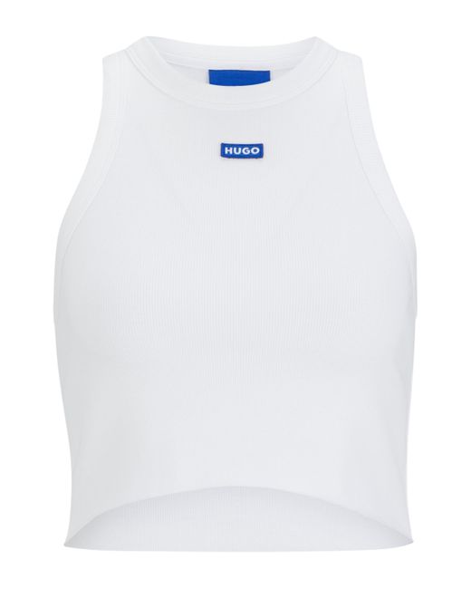 HUGO White Crop-Tanktop aus Stretch-Baumwolle mit blauem Logo-Label