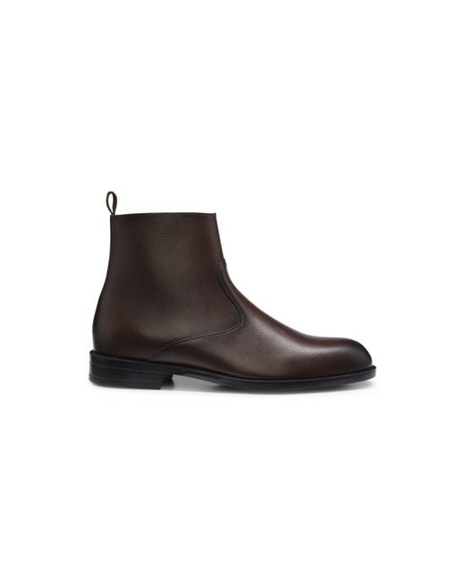Boss Brown Grained-Leather Boots With Side Zip for men