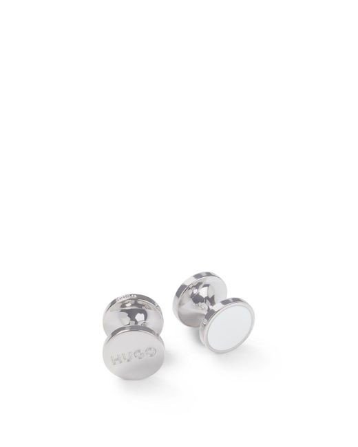 HUGO White Round Cufflinks With Enamel Core And Logo for men
