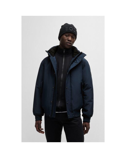 Boss Blue Water-Repellent Parka Jacket With Polar-Fleece Collar Lining for men