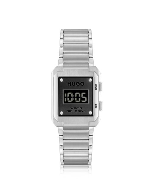 HUGO Digitaluhr mit Gliederarmband und schwarzem Zifferblatt in White für Herren