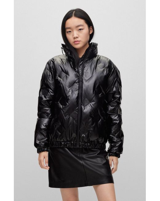 HUGO Black Glossy Relaxed-fit Padded Jacket With Stacked Logos