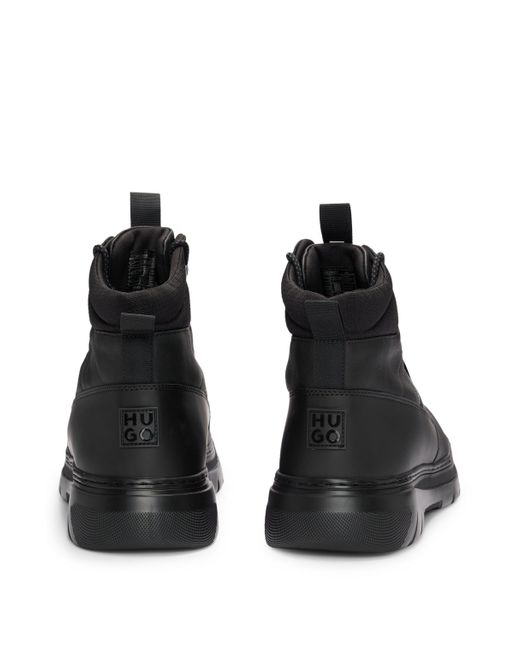 HUGO Black Leather Boots With Textile Trims And Hiking-style Laces for men