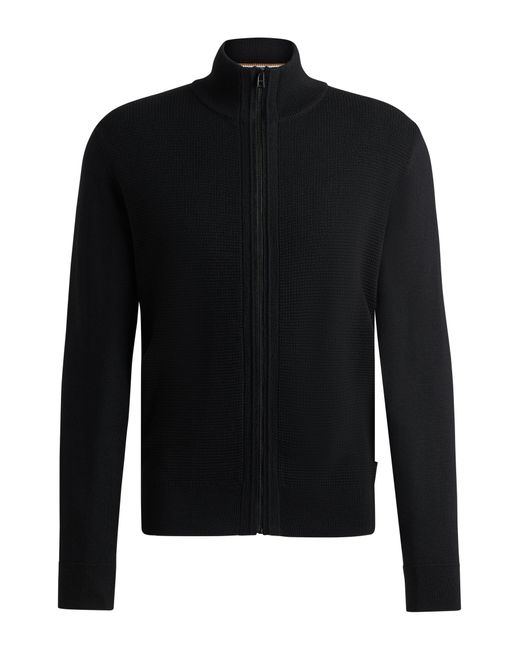 Boss Black Zip-up Cardigan In Virgin Wool With Mixed Structures for men