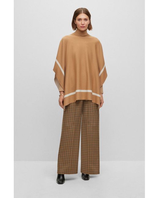 Boss Brown Virgin-wool Roll-neck Poncho With Logo Trim