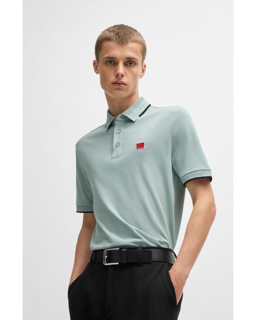 HUGO Green Cotton-piqu Slim-fit Polo Shirt With Red Logo Label for men