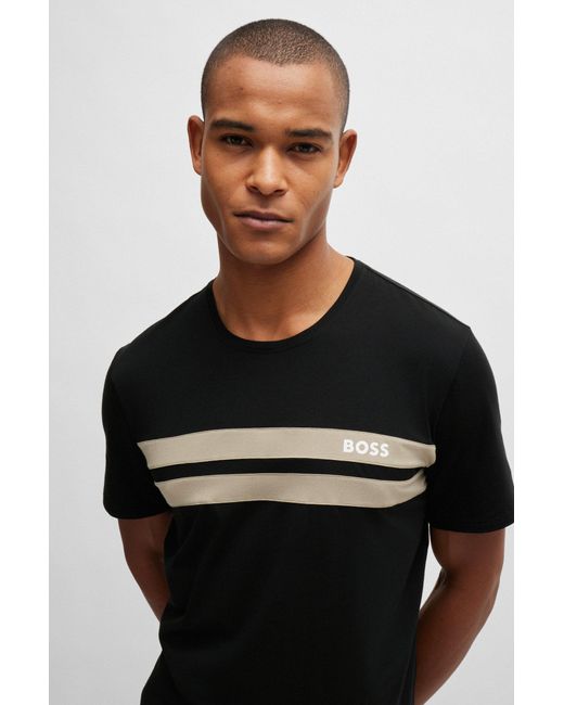 Boss Black Cotton-blend Pyjama T-shirt With Stripes And Logo for men