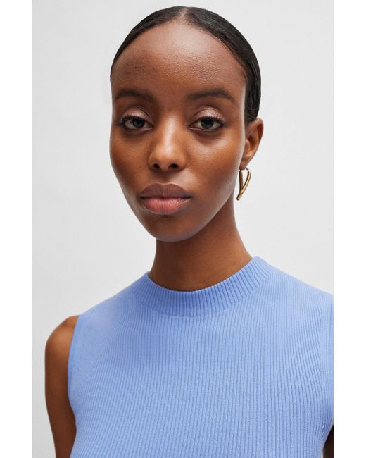 Boss Blue Sleeveless Mock-neck Top With Ribbed Structure