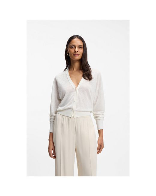 Boss White Linen-Cotton Cardigan With Buttoned Front