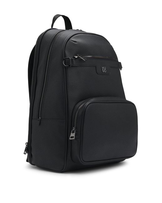 HUGO Black Grained Faux-leather Backpack With Stacked-logo Trim for men