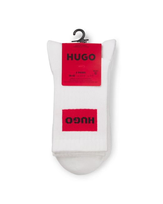 HUGO White Ribbed Quarter-Length Logo Socks