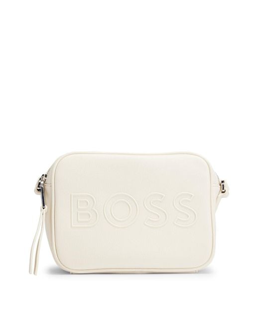 Boss White Grained Faux-leather Crossbody Bag With Outline Logo