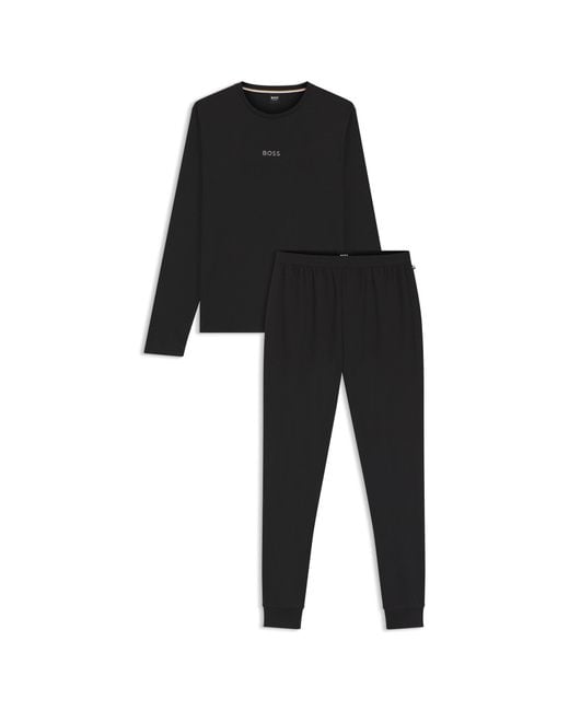 Boss Black Cotton Pyjama Set With Monogram Waistband for men