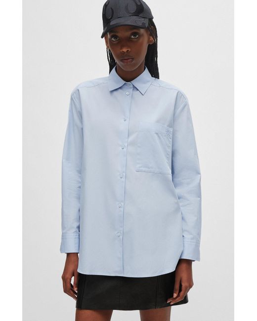 HUGO Blue Oversized-fit Blouse In Cotton Canvas With Point Collar