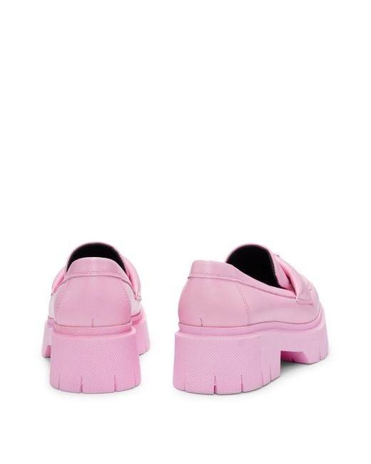 HUGO Pink Leather Loafers With Platform Sole And Branded Strap