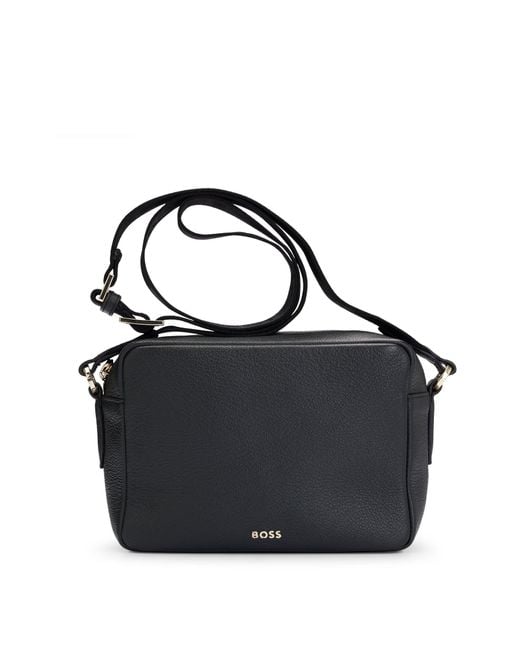 Boss Blue Pebbled-leather Crossbody Bag With Logo Lettering