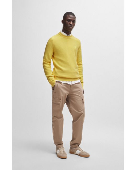 Boss Regular-Fit Pullover aus Baumwolle mit Kaschmir-Anteil und Logo-Aufnäher in Yellow für Herren